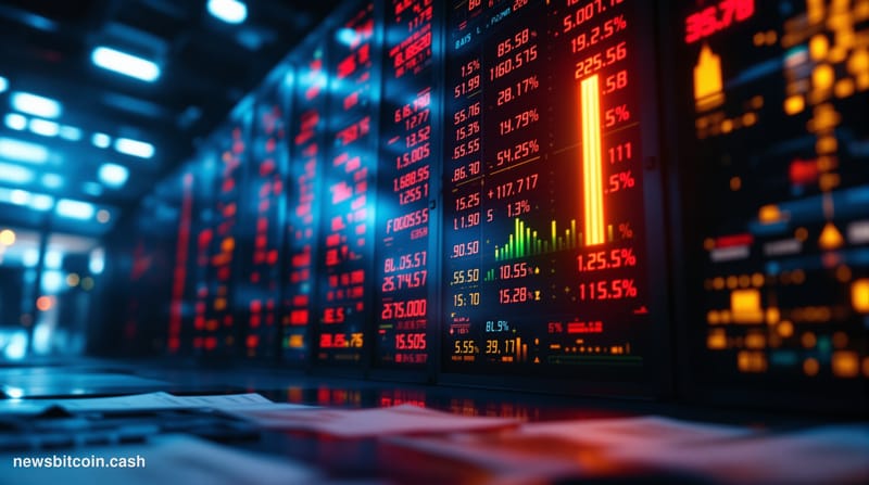 Cinematic photorealistic editorial photograph of a large digital trading board in a dimly lit financial data center, dominate