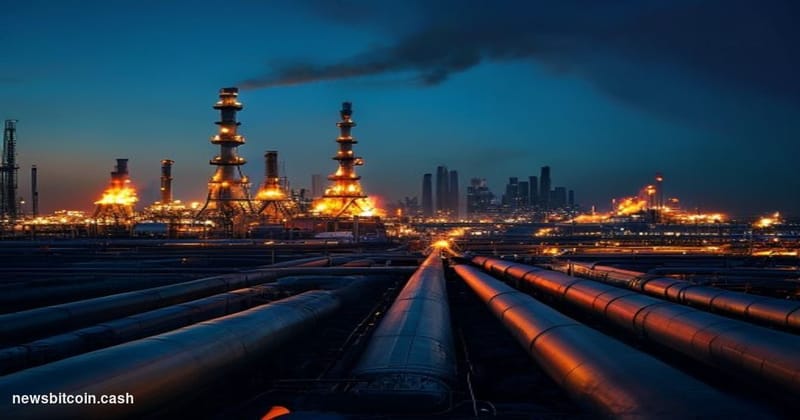 Cinematic photorealistic editorial photograph of a large oil refinery complex at dusk, with towering flare stacks casting war