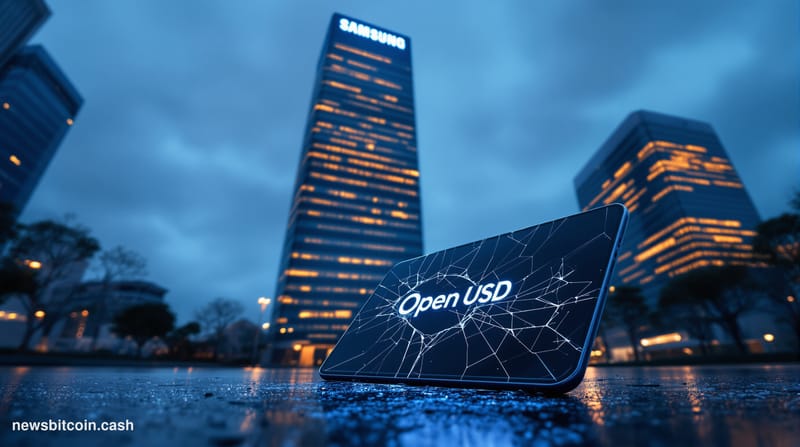 Cinematic photorealistic editorial photograph of Samsung's iconic Seoul headquarters tower at dusk, shot from a low angle loo