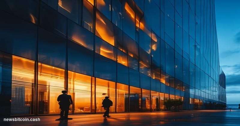 Cinematic photorealistic editorial photograph of OpenAI's San Francisco headquarters building exterior at dusk, dramatic side
