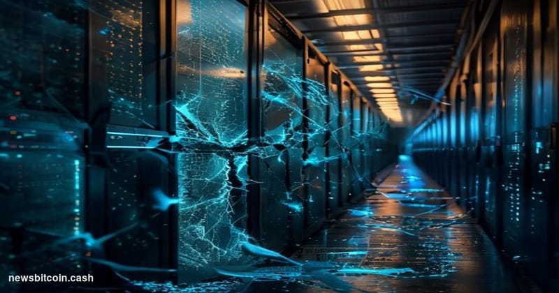 Cinematic photorealistic editorial photograph of a glowing digital containment chamber or server vault, its reinforced walls 