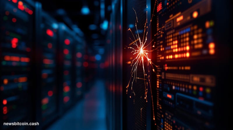 Cinematic photorealistic editorial photograph of a dimly lit server room corridor, its cold blue-green ambient glow interrupt