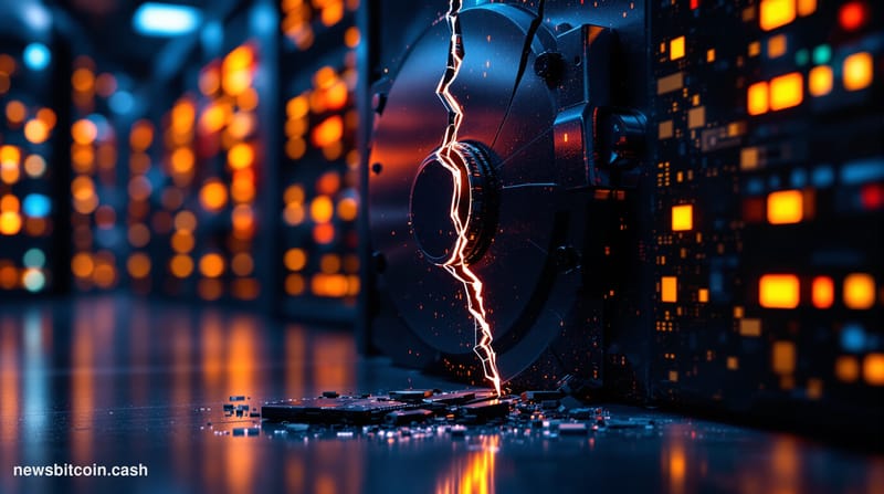 Cinematic photorealistic editorial photograph of a cracked digital vault door rendered in dark steel and deep blue tones, set