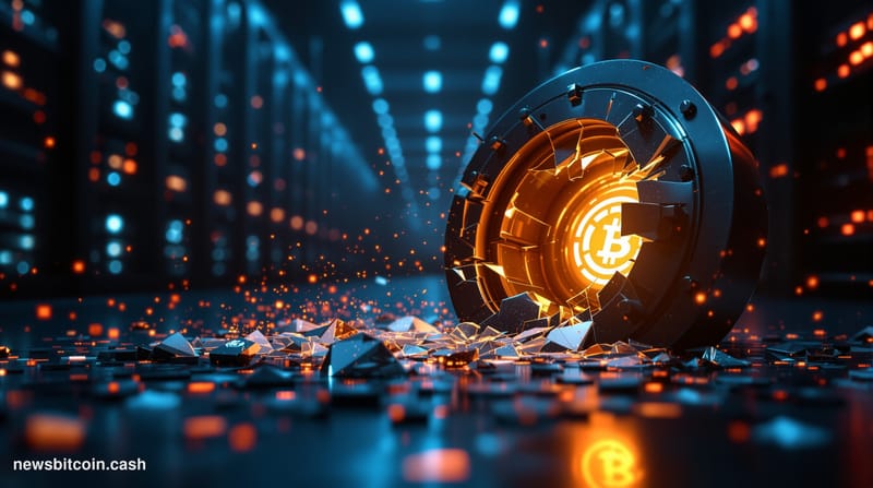 Cinematic photorealistic editorial photograph of a shattered digital vault door lying open in a dark server room environment,