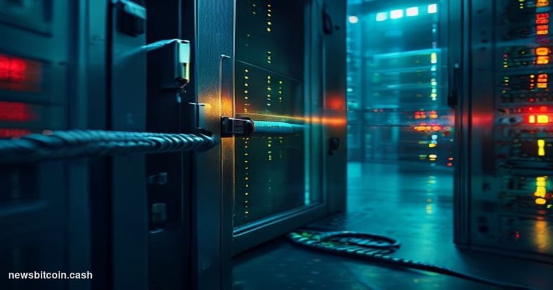Cinematic photorealistic editorial photograph of a cracked digital vault door partially open in a dark server room, with fain