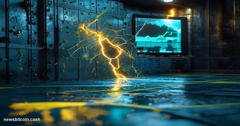 A cinematic photorealistic editorial photograph depicting a cracked digital vault door, rendered in cold steel and deep shado