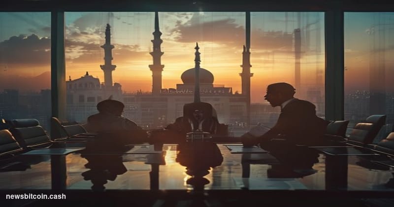 Cinematic photorealistic editorial photograph of a formal meeting room in Islamabad, Pakistan, with the Faisal Mosque's iconi