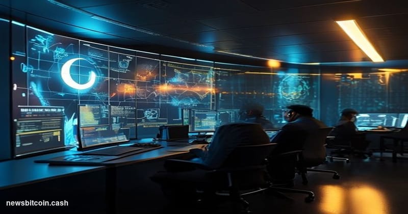 Cinematic photorealistic editorial photograph of a sleek, dimly lit government cybercrime operations centre in Islamabad, Pak