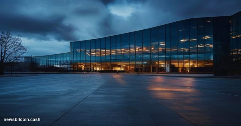 Cinematic photorealistic editorial photograph of the Palantir Technologies headquarters building in Denver, Colorado, shot fr