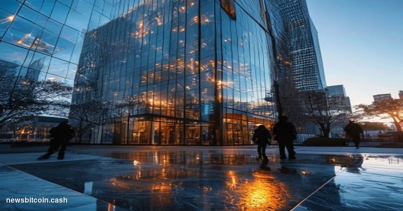 A cinematic photorealistic editorial photograph shot from a low angle looking up at a gleaming glass-and-steel venture capita