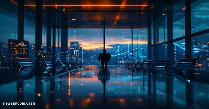 Cinematic photorealistic editorial photograph of a sleek, glass-walled venture capital boardroom in San Francisco's Financial