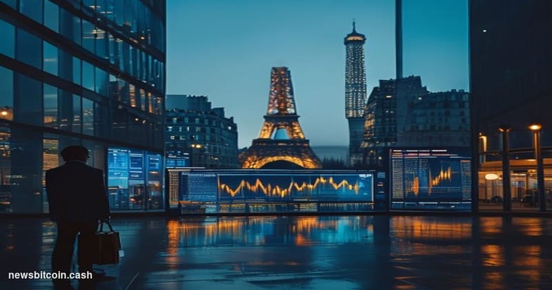 Cinematic photorealistic editorial photograph of the Paris financial district — the La Défense skyline visible in the backgro
