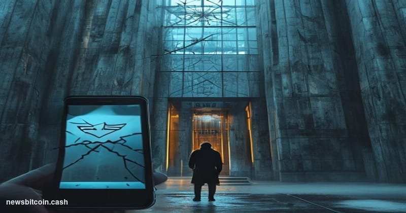 A cinematic photorealistic editorial photograph depicting a dramatic close-up of a large Russian government building facade —