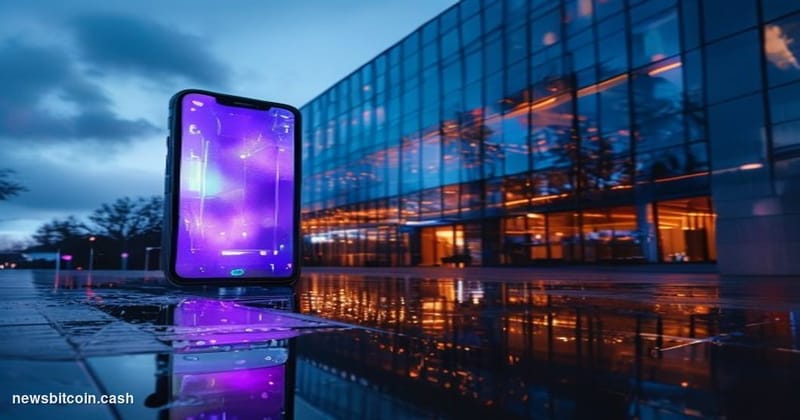 A cinematic photorealistic editorial photograph of a PayPal corporate headquarters entrance, shot from a low angle at dusk wi