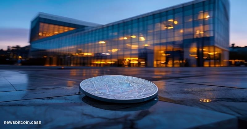 Cinematic photorealistic editorial photograph of the PayPal San Jose corporate headquarters building at dusk, its recognizabl
