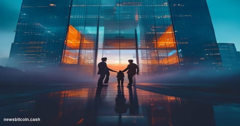 Cinematic photorealistic editorial photograph of a sleek corporate technology deal environment, shot from a low angle looking