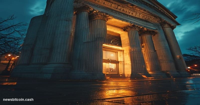 Cinematic photorealistic editorial photograph of the SEC headquarters building in Washington D.C. — the neoclassical facade a