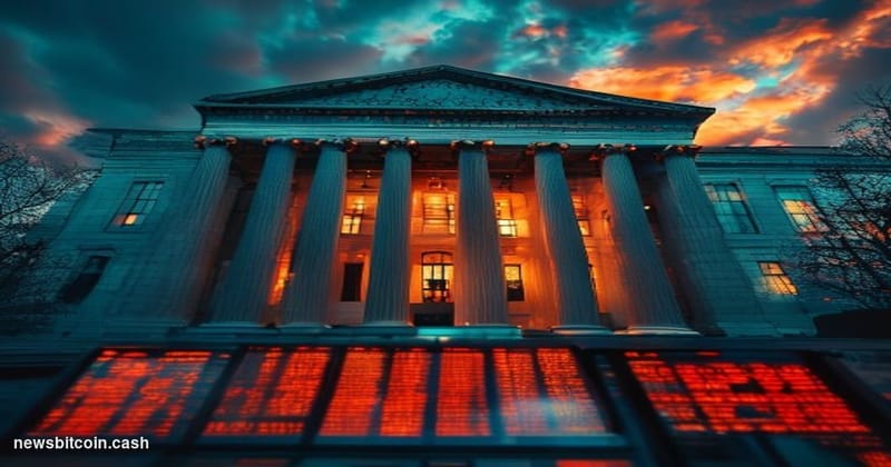 Cinematic photorealistic editorial photograph of the US Treasury Department's neoclassical headquarters building in Washingto