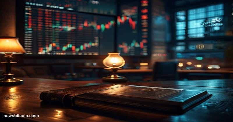 Cinematic photorealistic editorial photograph of a dramatic Wall Street-style trading floor environment at dusk, with a centr
