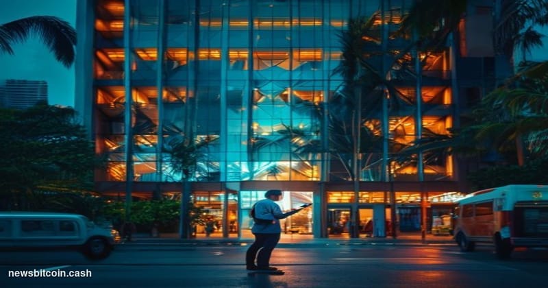 Cinematic photorealistic editorial photograph of a Bank of the Philippine Islands branch exterior in Manila, Philippines, sho