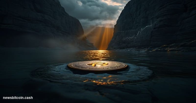 A cinematic photorealistic editorial photograph depicting a dramatic financial reversal narrative: a large, weathered stone c