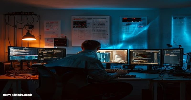 A cinematic photorealistic editorial photograph of a lone server node operator at a dimly lit workstation in a modest home of