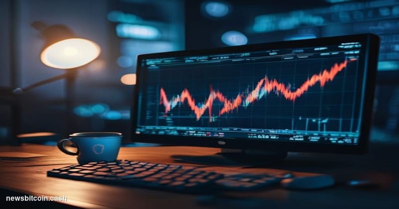 A cinematic photorealistic editorial photograph of a digital trading terminal screen in a dimly lit trading room, displaying 