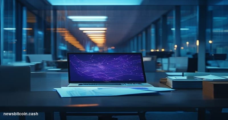 Cinematic photorealistic editorial photograph of a sleek modern tech office corridor in partial shutdown — some desks cleared