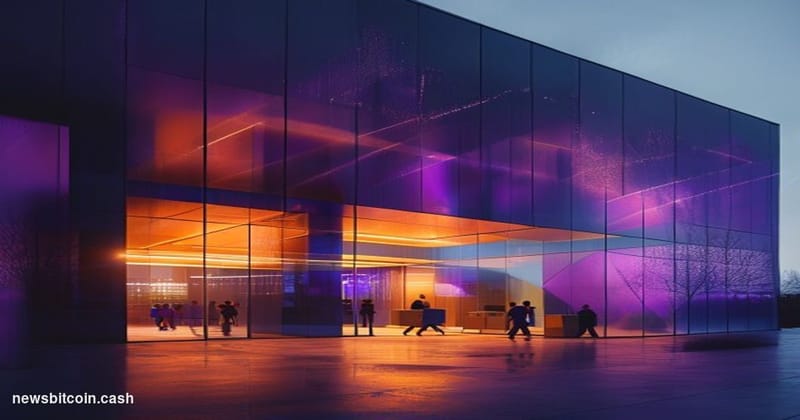 Cinematic photorealistic editorial photograph of a modern tech corporate office exterior at dusk, with the recognizable geome