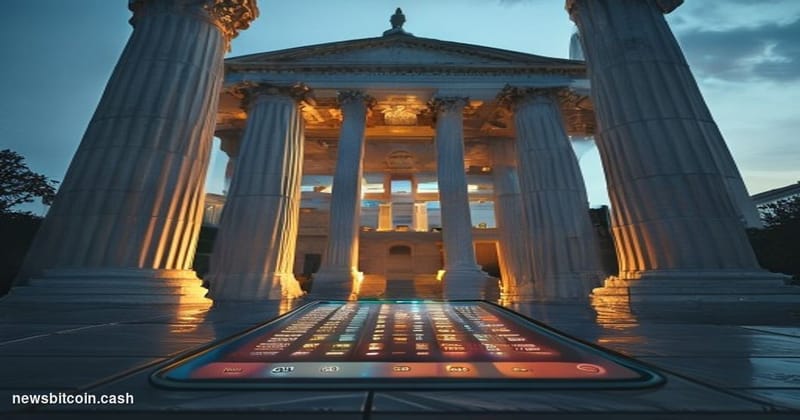 A cinematic photorealistic editorial photograph shot at ground level looking up at a federal regulatory building in Washingto