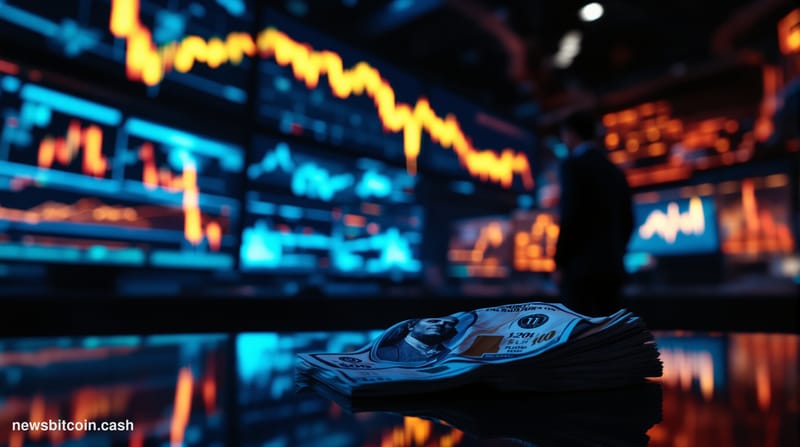 Cinematic photorealistic editorial photograph of a dimly lit trading floor environment, shot from a low angle looking up at g