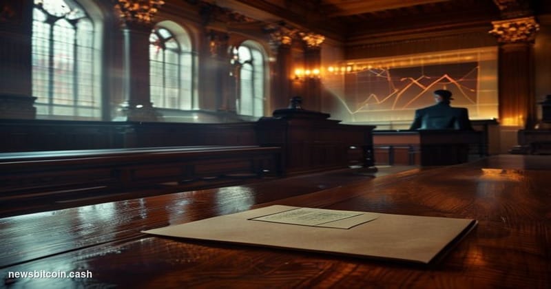 A cinematic photorealistic editorial photograph set inside a dimly lit New York state courthouse interior, with warm amber li