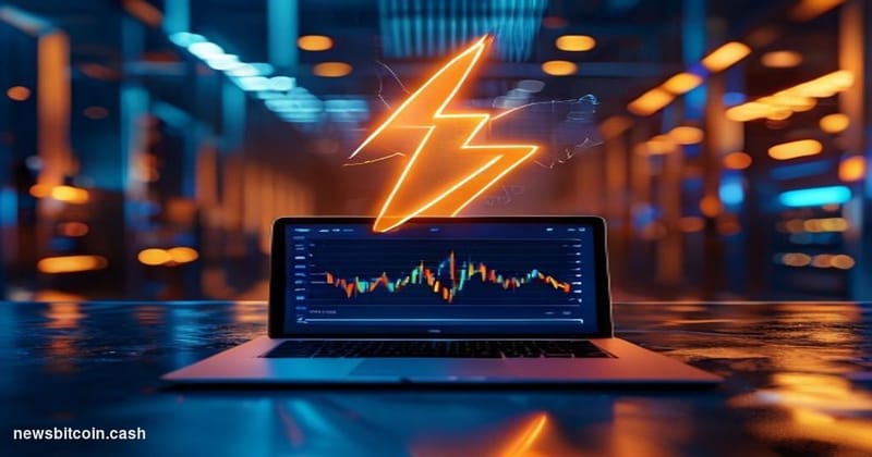 A cinematic photorealistic editorial photograph of a glowing Lightning Network bolt symbol rendered as a physical neon instal