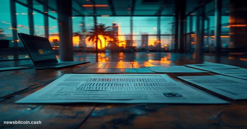 A cinematic photorealistic editorial photograph set in a dimly lit financial operations center, foreground dominated by a wea