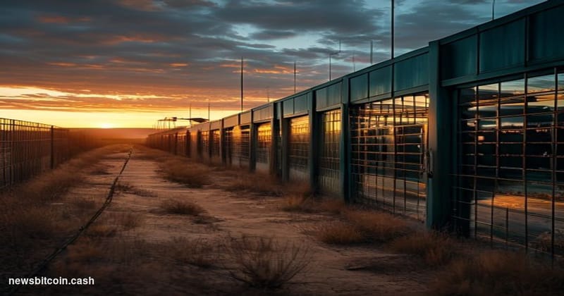 A cinematic photorealistic editorial photograph of an industrial Bitcoin mining facility in West Texas at dusk, rows of ASIC 