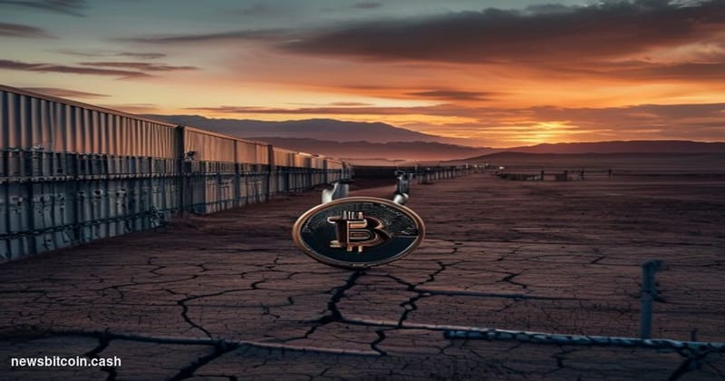 Cinematic photorealistic editorial photograph of a large-scale Bitcoin mining facility in the flat, arid West Texas landscape