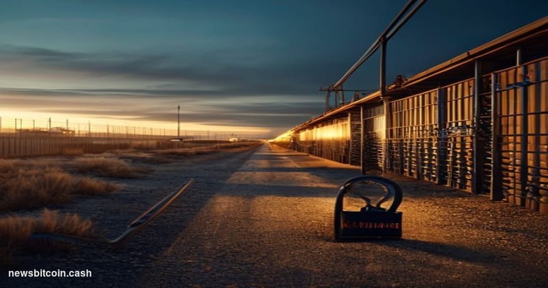 Cinematic photorealistic editorial photograph of a large-scale Bitcoin mining facility in the Texas high plains, shot at dusk