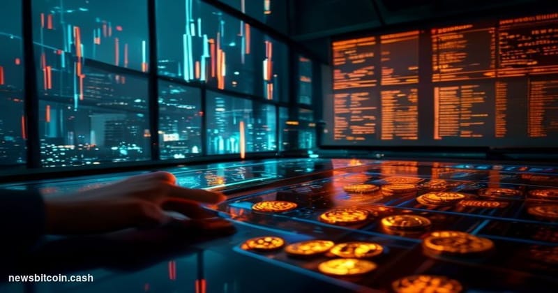 Cinematic photorealistic editorial photograph of a sleek, moody trading floor environment bathed in cool blue and amber light