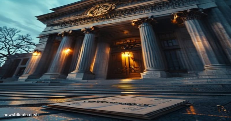 Cinematic photorealistic editorial photograph of a federal courthouse entrance at dusk, dramatic low-angle shot looking up at