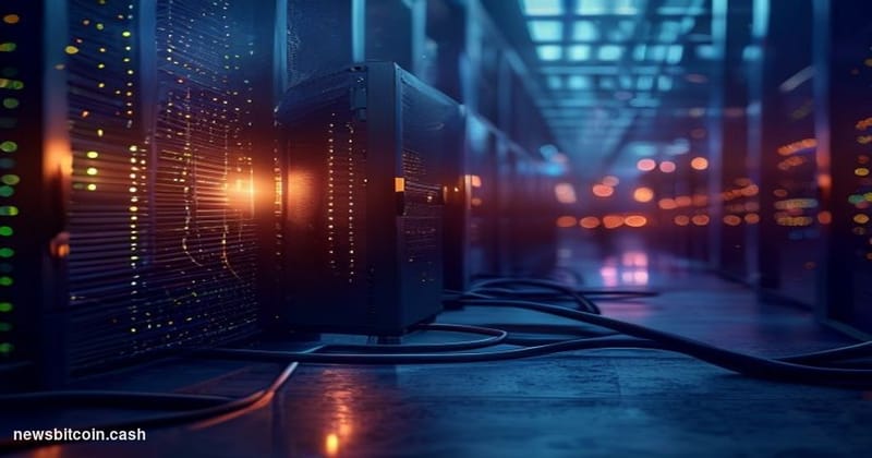 A cinematic photorealistic editorial photograph of a lone server node — a sleek black rack-mounted machine — dramatically lit