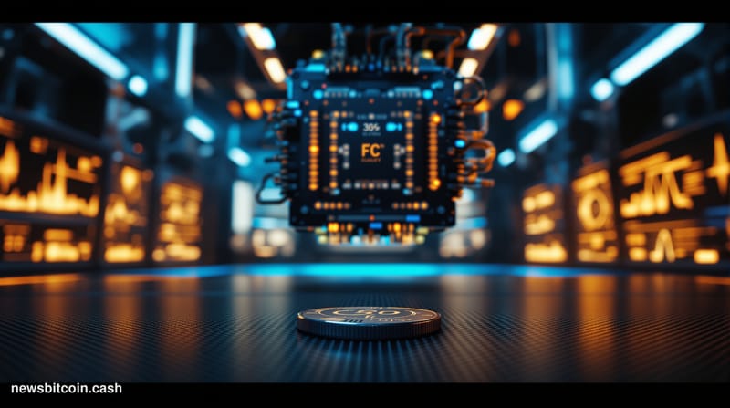 A cinematic photorealistic editorial photograph set in a dimly lit quantum computing research laboratory, with a large cryoge