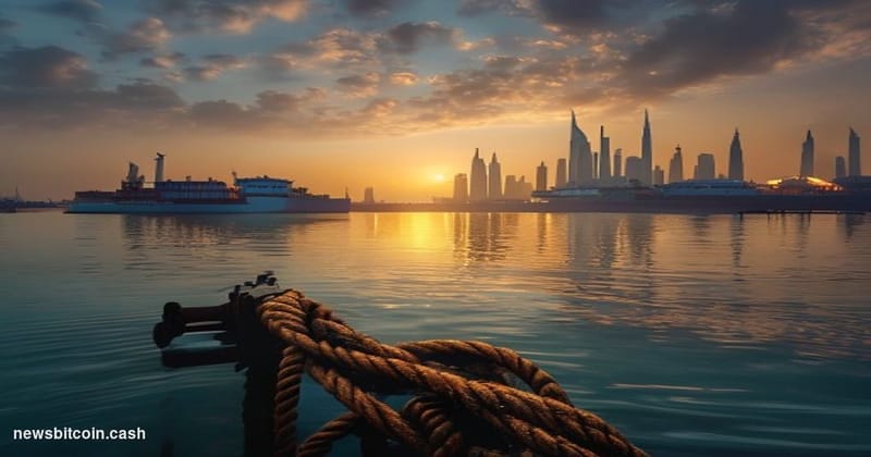Cinematic photorealistic editorial photograph of the Port of Doha at dawn, Qatar's distinctive skyline visible in the backgro