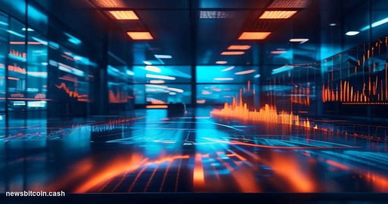 Cinematic photorealistic editorial photograph of a dramatic trading floor environment bathed in cool blue and amber lighting,