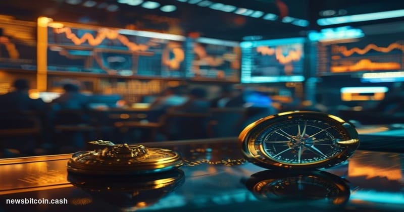 A cinematic photorealistic editorial photograph set in a darkened trading floor environment with the warm amber glow of multi