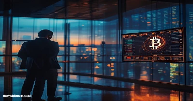 Cinematic photorealistic editorial photograph of a weathered financial trading floor viewed through floor-to-ceiling glass wi