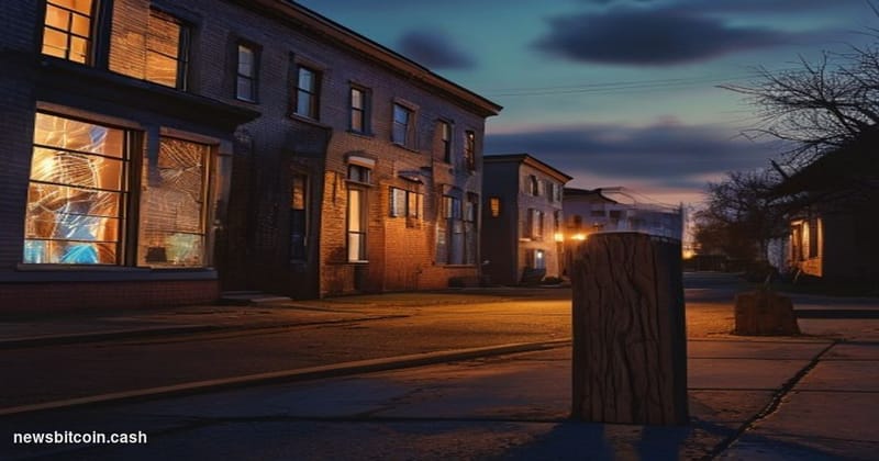 Cinematic photorealistic editorial photograph of a foreclosure-style scene with a row of distressed urban residential propert