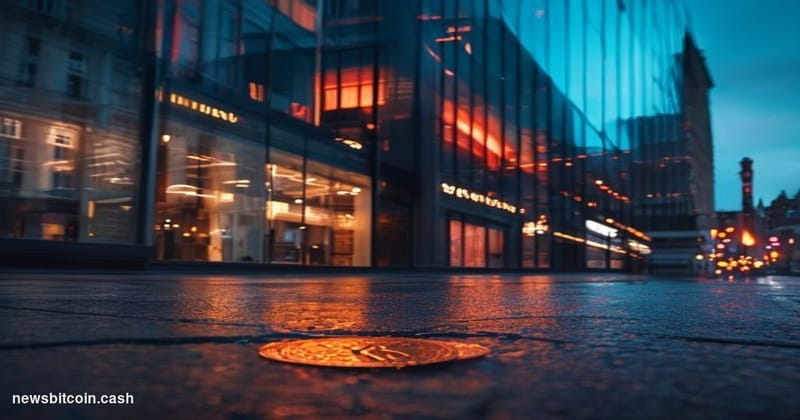 Cinematic photorealistic editorial photograph of Revolut's London headquarters exterior at dusk, the building's glass facade 