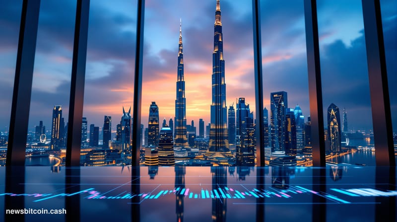 Cinematic photorealistic editorial photograph of Dubai's gleaming financial district skyline at dusk, with the iconic Burj Kh