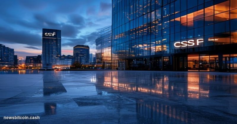Cinematic photorealistic editorial photograph of the Luxembourg City financial district at dusk, featuring the modern glass f
