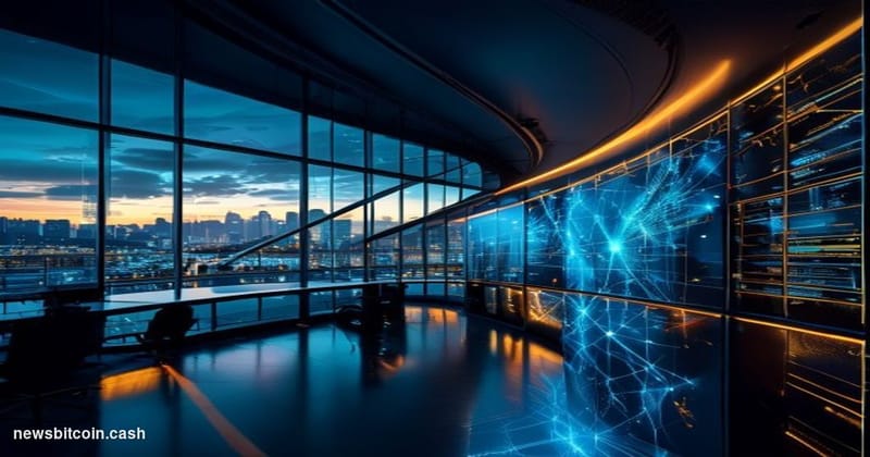 Cinematic photorealistic editorial photograph of a modern institutional financial technology operations center, shot from a l